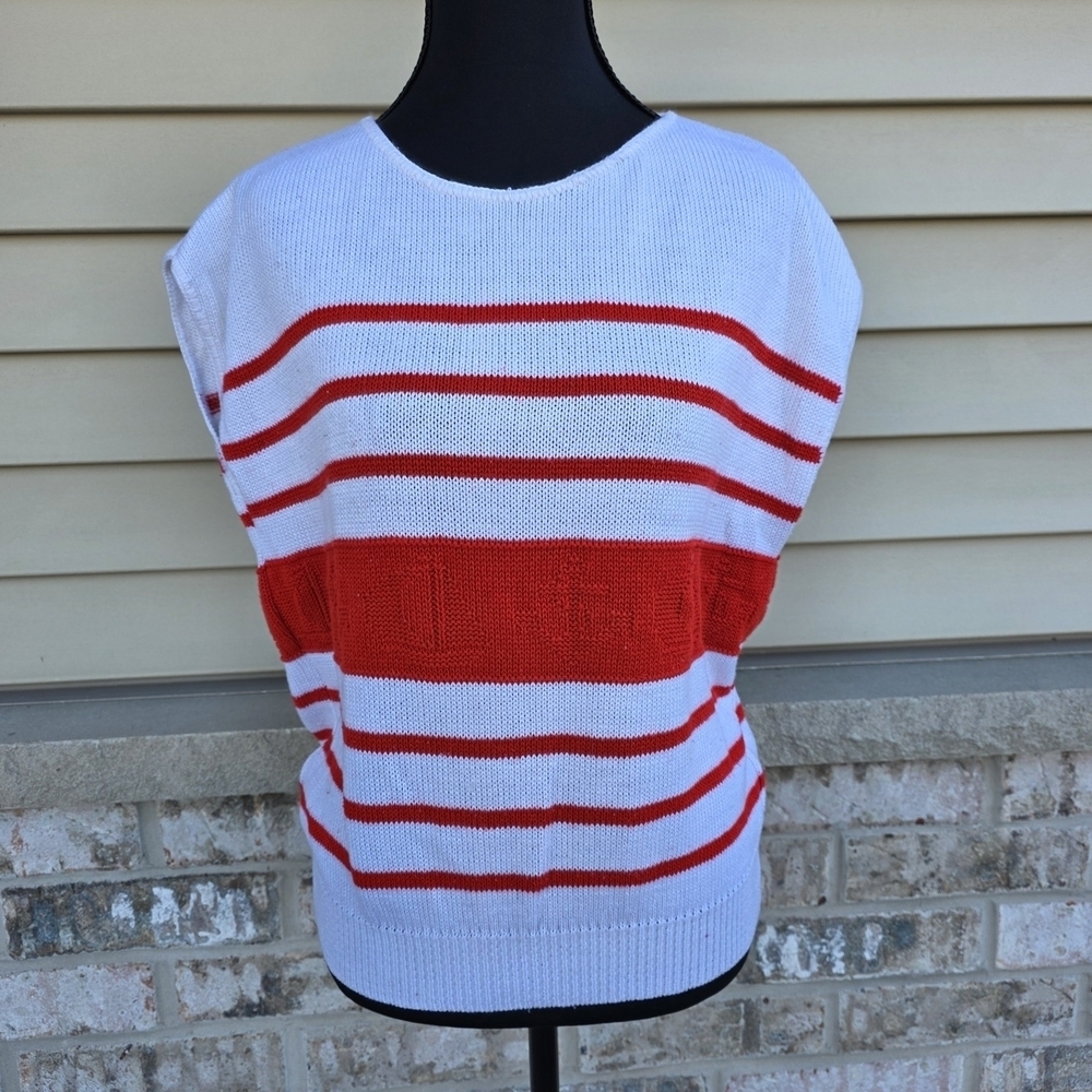 Vintage Nautical Knit Tank | Red & White Stripes | Sailboat & Anchor | M